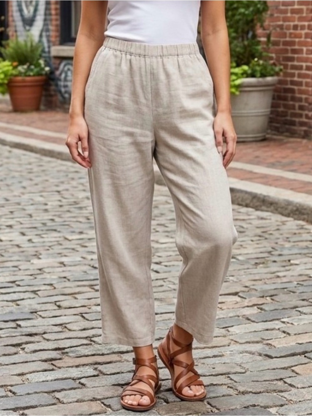 Flax 100% Linen Light Khaki Tan Capris, Pull-on Style Cropped Pants, Medium